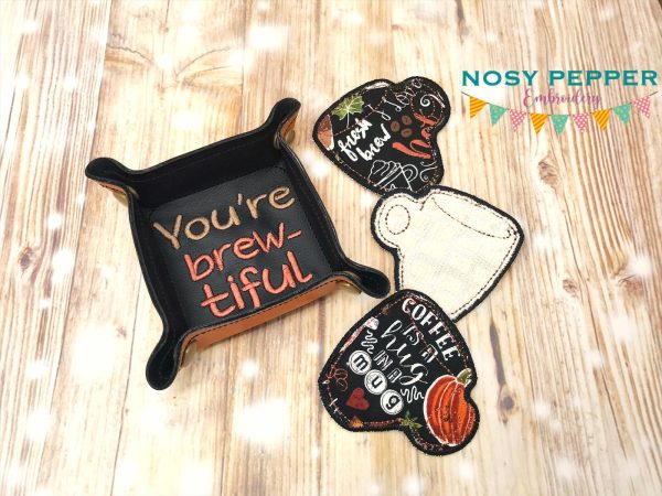 You re brewtiful coffee wipe and tray set (2 sizes of trays and 2 sizes of wipes included) machine embroidery design DIGITAL DOWNLOAD on Sale