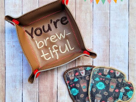 You re brewtiful coffee wipe and tray set (2 sizes of trays and 2 sizes of wipes included) machine embroidery design DIGITAL DOWNLOAD on Sale